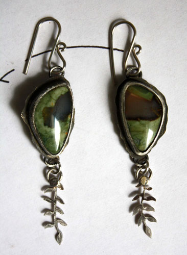 Undergrowth rain, fern earrings in sterling silver and rainforest jasper