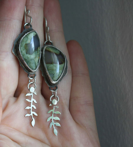 Undergrowth rain, fern earrings in sterling silver and rainforest jasper