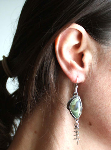 Undergrowth rain, fern earrings in sterling silver and rainforest jasper