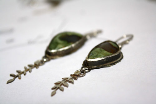 Undergrowth rain, fern earrings in sterling silver and rainforest jasper