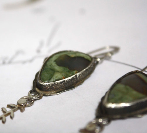 Undergrowth rain, fern earrings in sterling silver and rainforest jasper