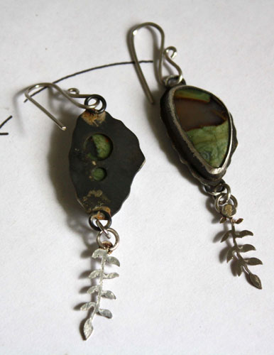 Undergrowth rain, fern earrings in sterling silver and rainforest jasper