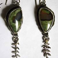 Undergrowth rain, fern earrings in sterling silver and rainforest jasper