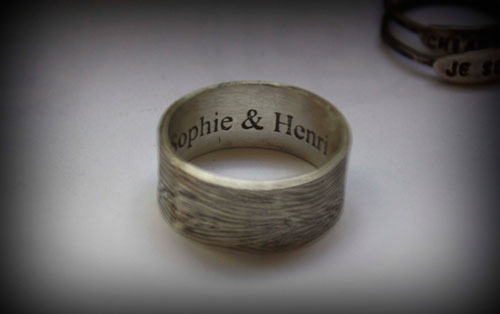 Wedding wood ring, woodgrain etched ring with names and date in sterling silver