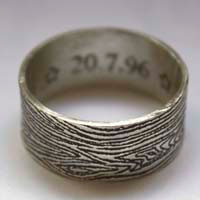 Wedding wood ring, woodgrain etched ring with names and date in sterling silver