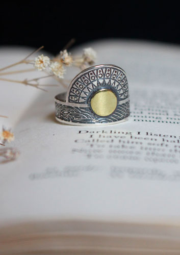 When the sun kisses the sea, astronomy ring in sterling silver and brass