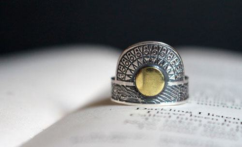 When the sun kisses the sea, astronomy ring in sterling silver and brass