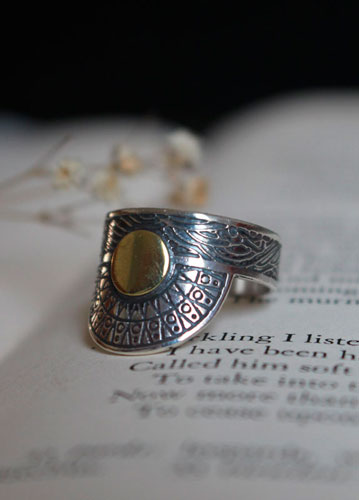 When the sun kisses the sea, astronomy ring in sterling silver and brass