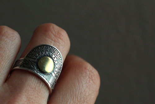 When the sun kisses the sea, astronomy ring in sterling silver and brass