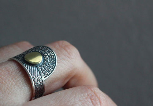 When the sun kisses the sea, astronomy ring in sterling silver and brass