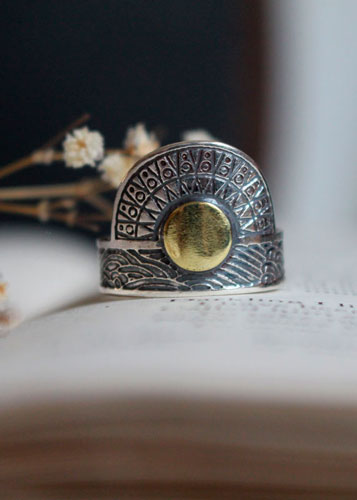 When the sun kisses the sea, astronomy ring in sterling silver and brass