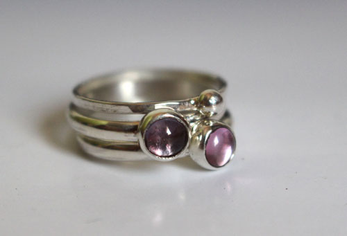 Wisteria branch, sterling silver stacking rings with alexandrite and corundum