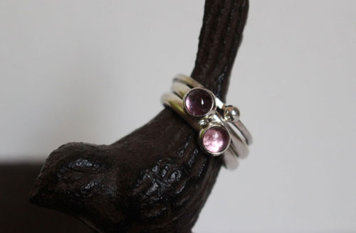 Wisteria branch, sterling silver stacking rings with alexandrite and corundum