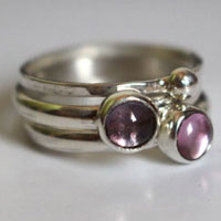 Wisteria branch, sterling silver stacking rings with alexandrite and corundum