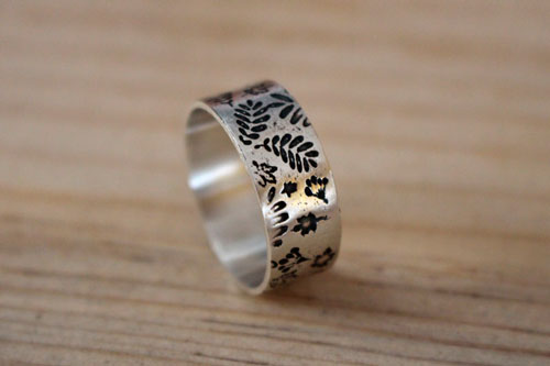 Wood leaves herbarium, tree leaves ring in sterling silver