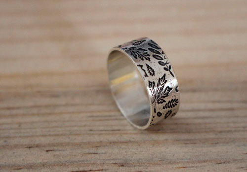 Wood leaves herbarium, tree leaves ring in sterling silver