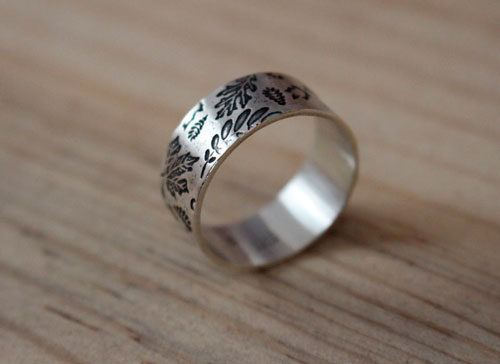 Wood leaves herbarium, tree leaves ring in sterling silver