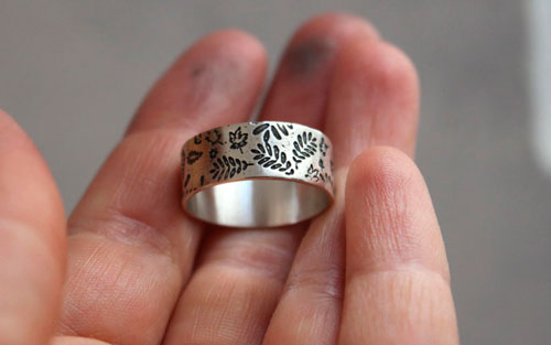 Wood leaves herbarium, tree leaves ring in sterling silver