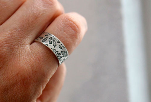 Wood leaves herbarium, tree leaves ring in sterling silver