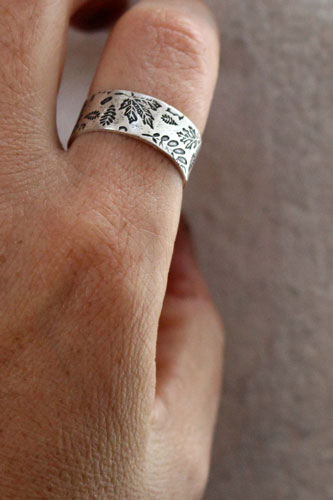 Wood leaves herbarium, tree leaves ring in sterling silver