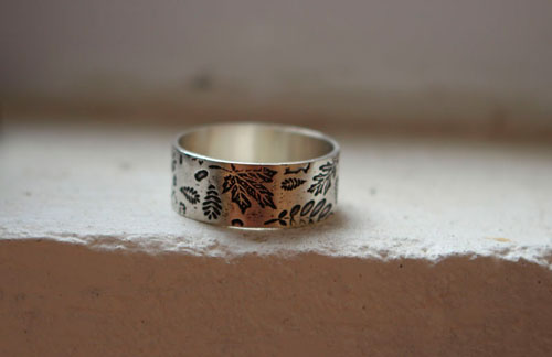 Wood leaves herbarium, tree leaves ring in sterling silver