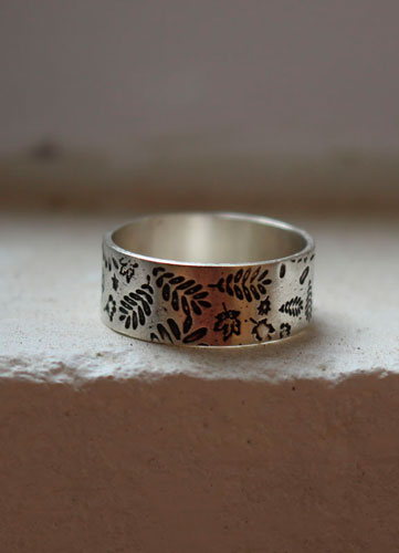 Wood leaves herbarium, tree leaves ring in sterling silver