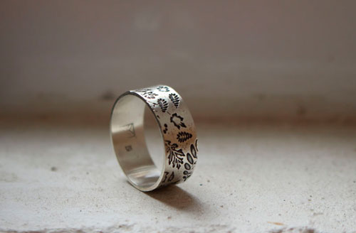 Wood leaves herbarium, tree leaves ring in sterling silver