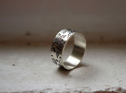 Wood leaves herbarium, tree leaves ring in sterling silver