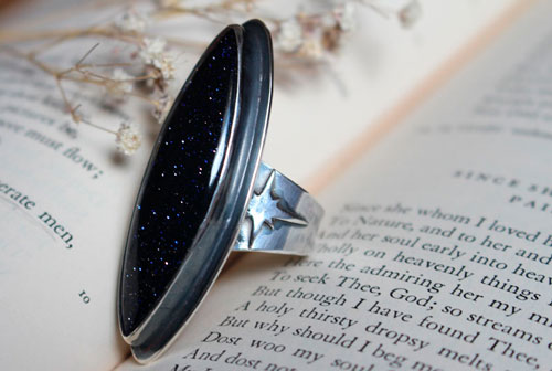 You are not no longer where you were, commemorative ring in sterling silver and blue goldstone