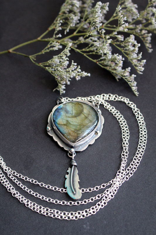 A bird left a feather at my window, elven necklace in silver and labradorite