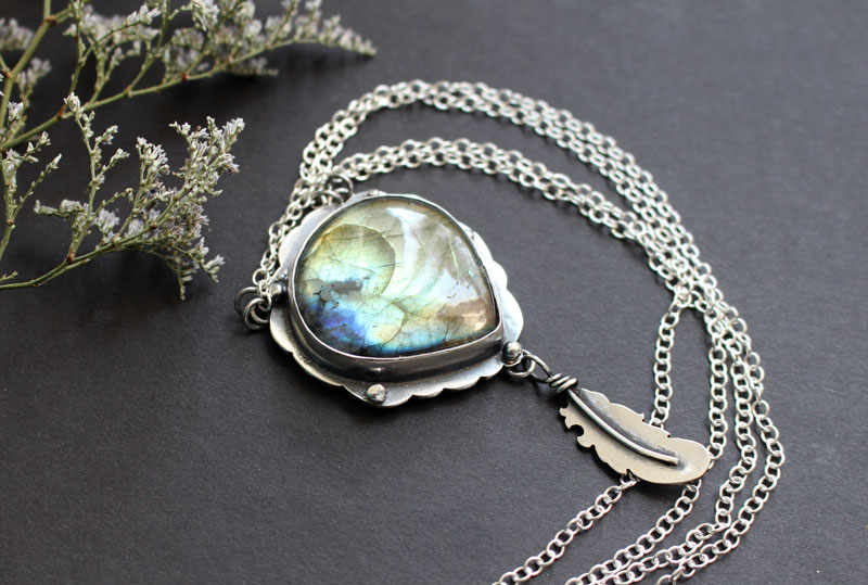 A bird left a feather at my window, elven necklace in silver and labradorite