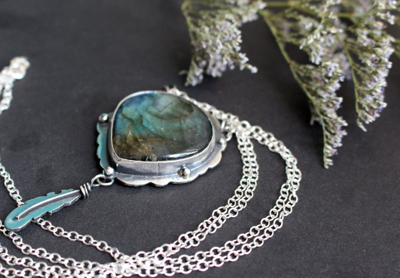 A bird left a feather at my window, elven necklace in silver and labradorite