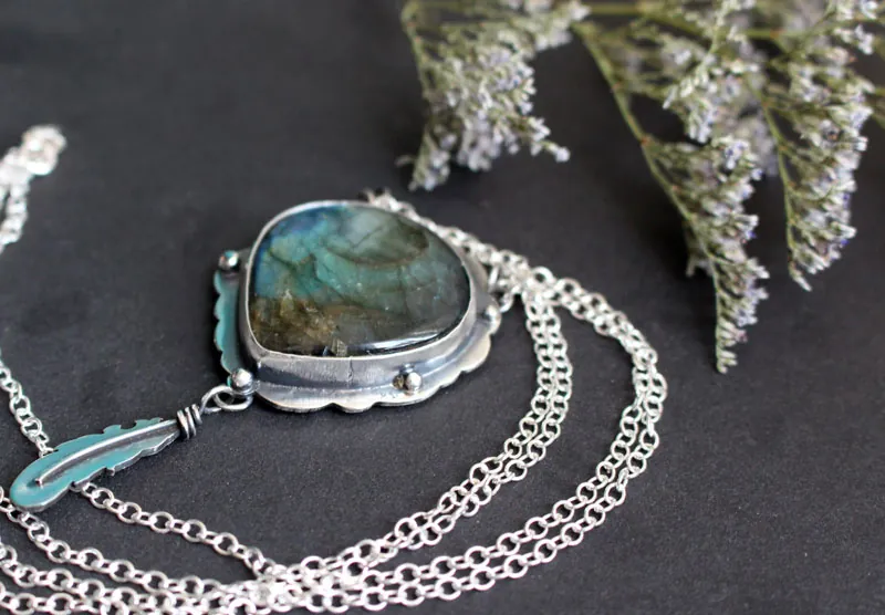A bird left a feather at my window, elven necklace in silver and labradorite