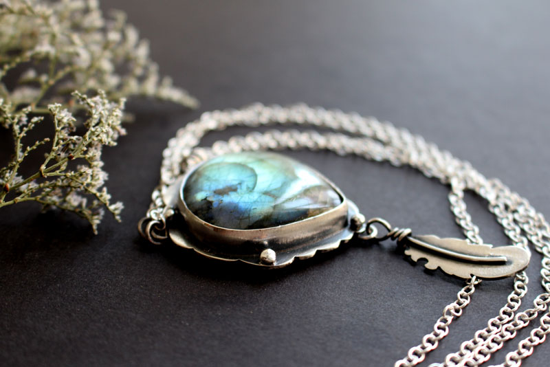 A bird left a feather at my window, elven necklace in silver and labradorite