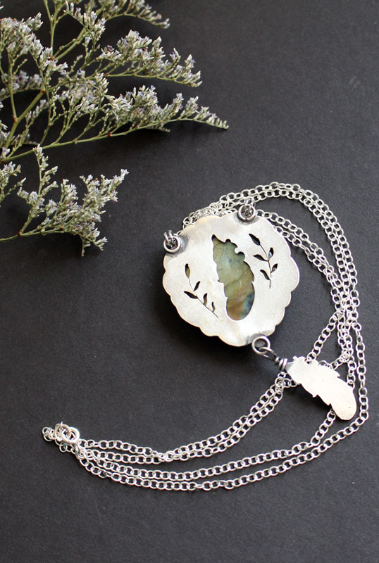A bird left a feather at my window, elven necklace in silver and labradorite