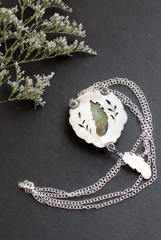 A bird left a feather at my window, elven necklace in silver and labradorite