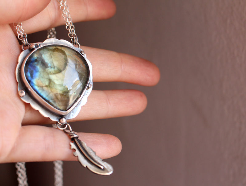 A bird left a feather at my window, elven necklace in silver and labradorite