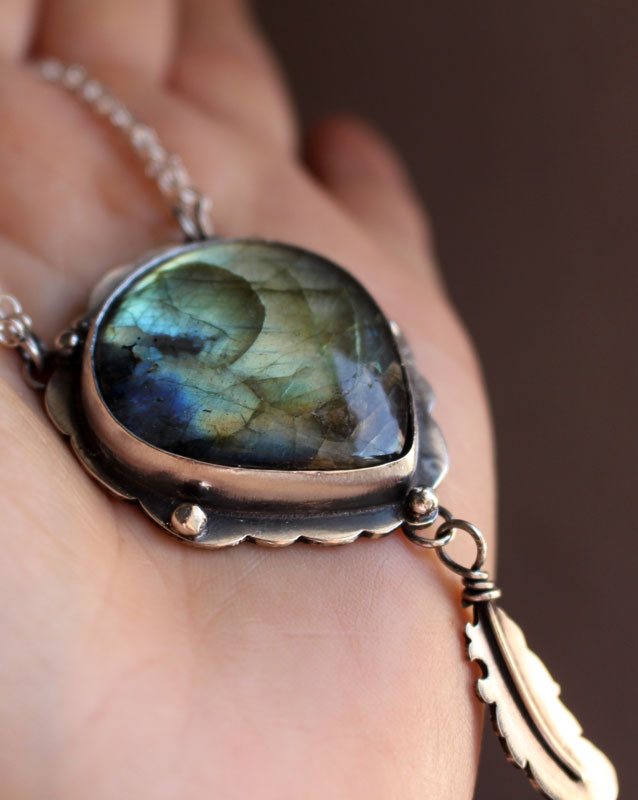 A bird left a feather at my window, elven necklace in silver and labradorite