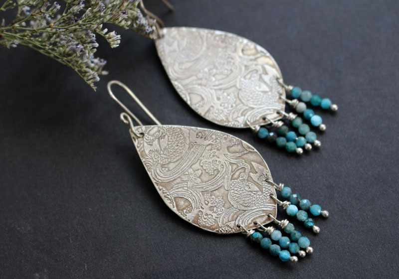 Against the current, Japanese koi carp earrings in silver and amazonite