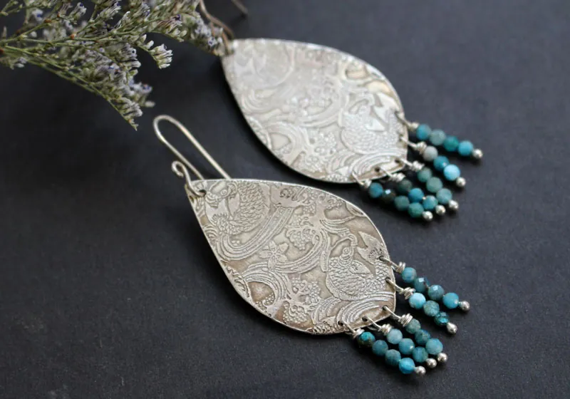 Against the current, Japanese koi carp earrings in silver and amazonite