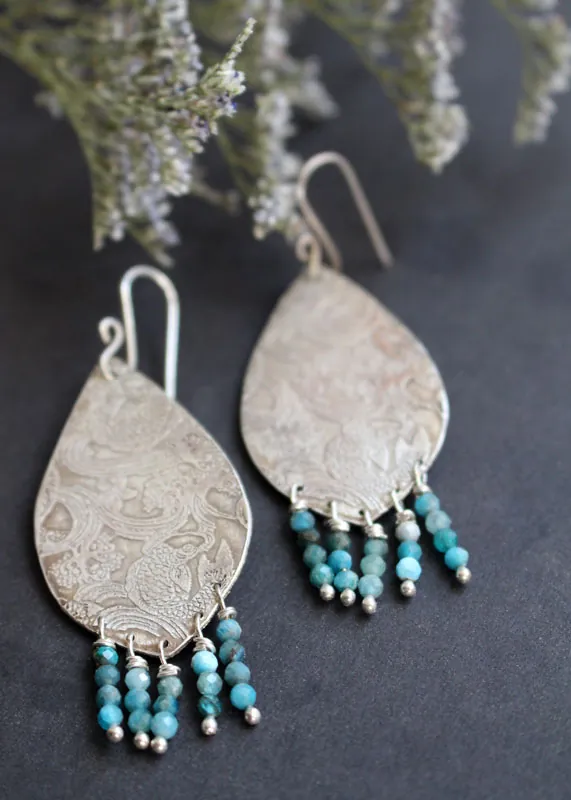 Against the current, Japanese koi carp earrings in silver and amazonite