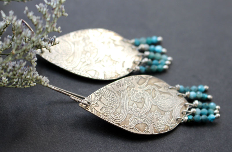 Against the current, Japanese koi carp earrings in silver and amazonite