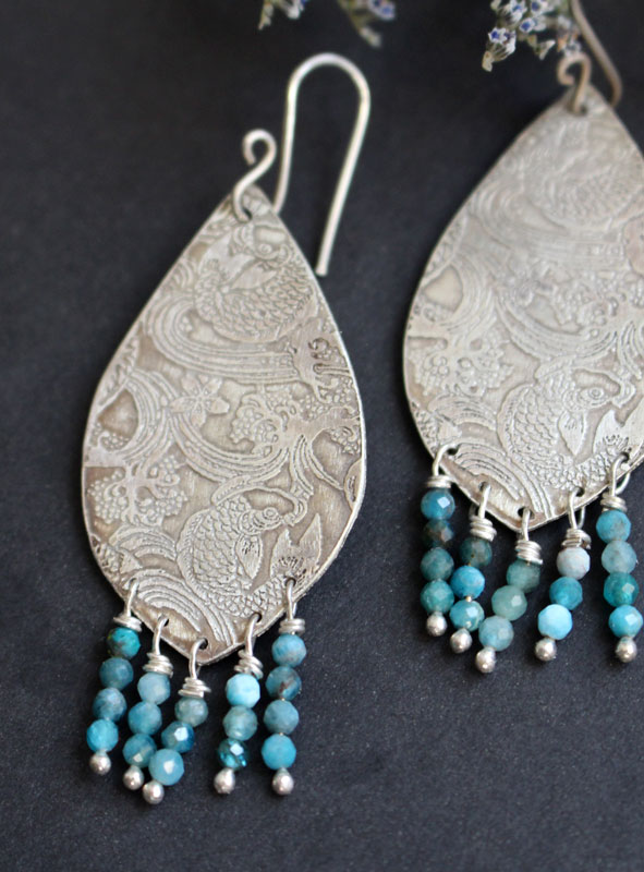 Against the current, Japanese koi carp earrings in silver and amazonite
