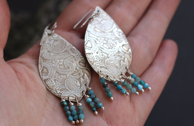 Against the current, Japanese koi carp earrings in silver and amazonite