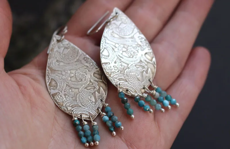 Against the current, Japanese koi carp earrings in silver and amazonite