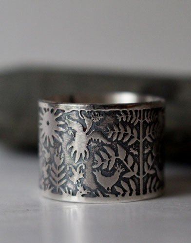 Air and water, Otomi fish and bird ring in silver
