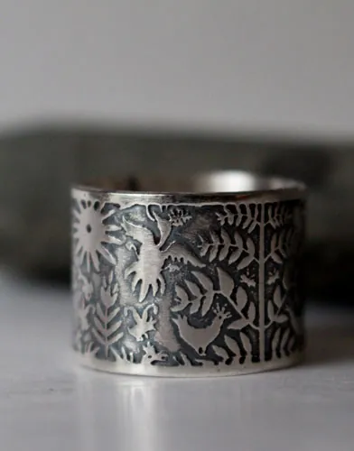 Air and water, Otomi fish and bird ring in silver