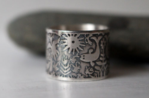 Air and water, Otomi fish and bird ring in silver