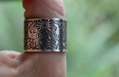 Air and water, Otomi fish and bird ring in silver