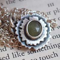 Almond green primrose, flower necklace in silver and green sapphire
